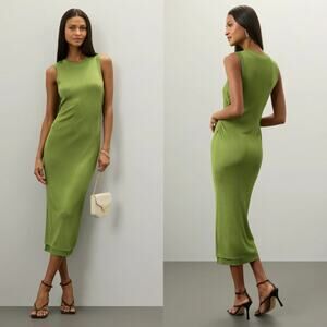 Atlein Tank Dress Chartreuse Knit Sleeveless Ruched Midi Bodycon Green Small